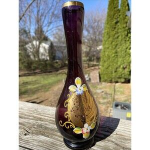 Vintage Amethyst Glass hand painted Gilded Purple Vase Boho Czech